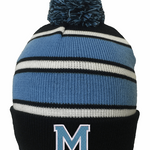 Medfield Knit Beanie with M logo. Warm and stylish winter hat showing local Medfield pride. Available at Be Charmed.