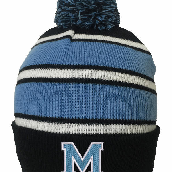 Medfield Knit Beanie with M logo. Warm and stylish winter hat showing local Medfield pride. Available at Be Charmed.