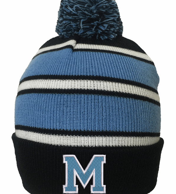 Medfield Knit Beanie with M logo. Warm and stylish winter hat showing local Medfield pride. Available at Be Charmed.