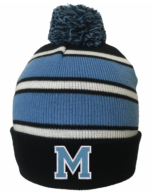 Medfield Knit Beanie with M logo. Warm and stylish winter hat showing local Medfield pride. Available at Be Charmed.