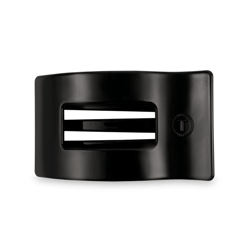Medium Jet Black Flat Rectangle Hair Clip with bendable teeth, sleek and secure hold—available at Be Charmed.