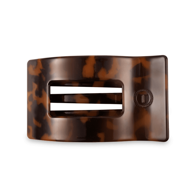 Medium Tortoise Flat Rectangle Hair Clip with bendable teeth, sleek and secure hold—available at Be Charmed.