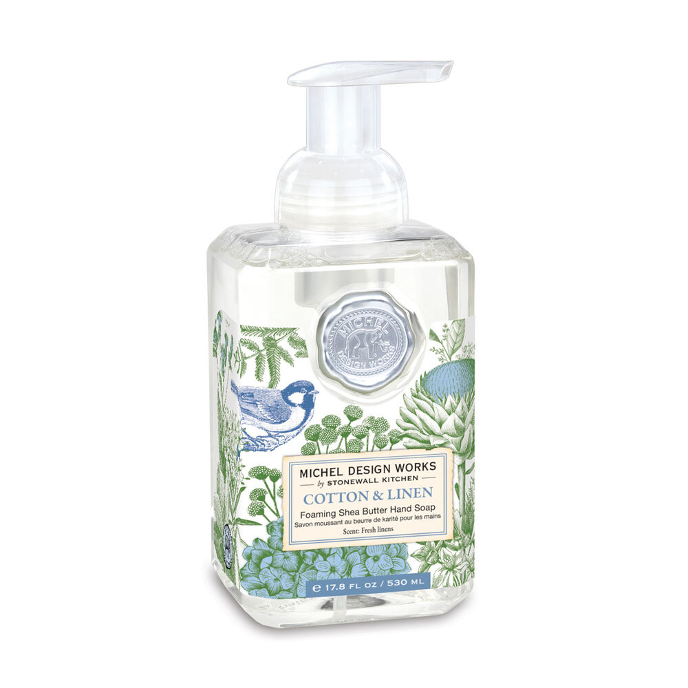 An elegant bottle of Cotton & Linen Michel Design Works foaming hand soap featuring decorative botanical artwork, available at Be Charmed.