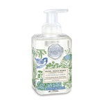 An elegant bottle of Cotton & Linen Michel Design Works foaming hand soap featuring decorative botanical artwork, available at Be Charmed.