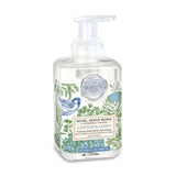 An elegant bottle of Cotton & Linen Michel Design Works foaming hand soap featuring decorative botanical artwork, available at Be Charmed.
