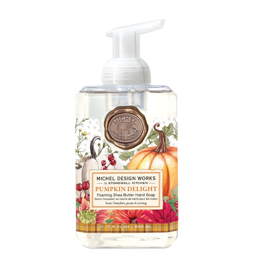 Foaming hand soap bottle with pumpkin design and Michel Design Works branding on a white background. Available at Be Charmed