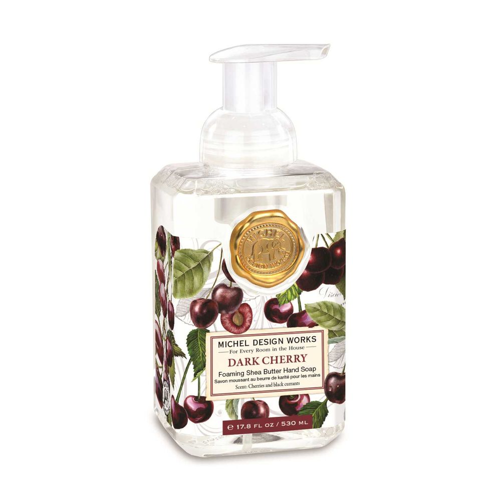 Dark Cherry soap bottle with cherry design on a white background. Available at Be Charmed