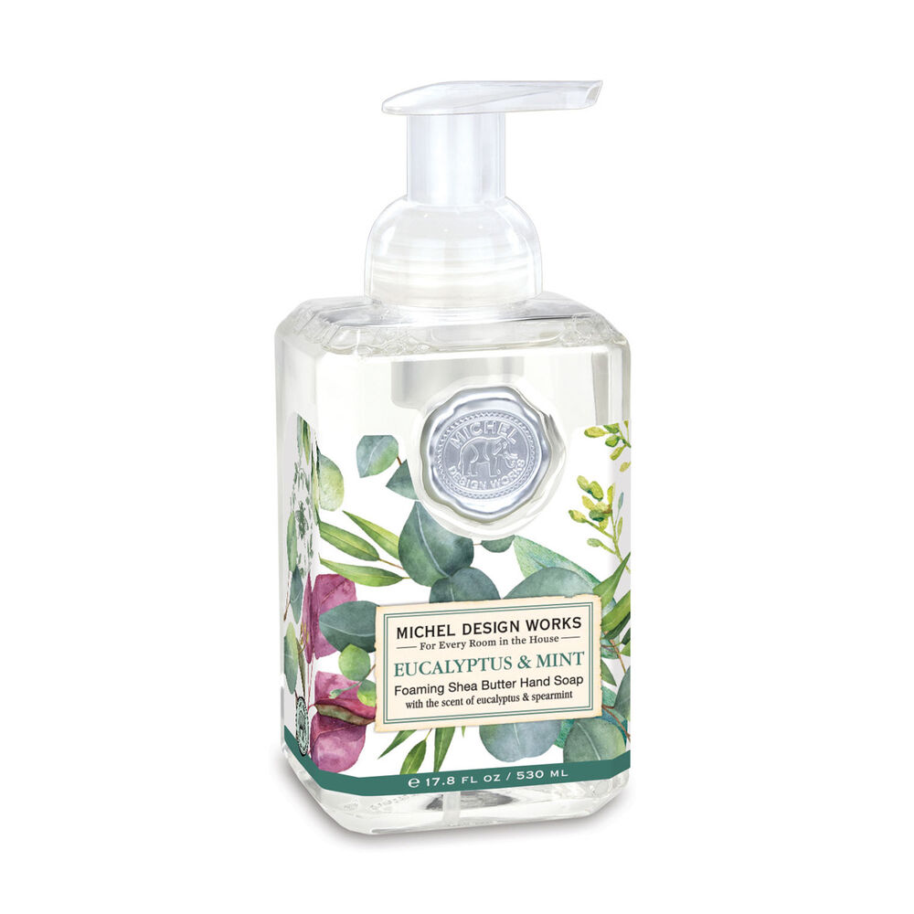 Foaming hand soap bottle with eucalyptus and mint design on a white background. Available at Be Charmed