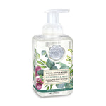 Foaming hand soap bottle with eucalyptus and mint design on a white background. Available at Be Charmed
