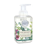 Foaming hand soap bottle with eucalyptus and mint design on a white background. Available at Be Charmed