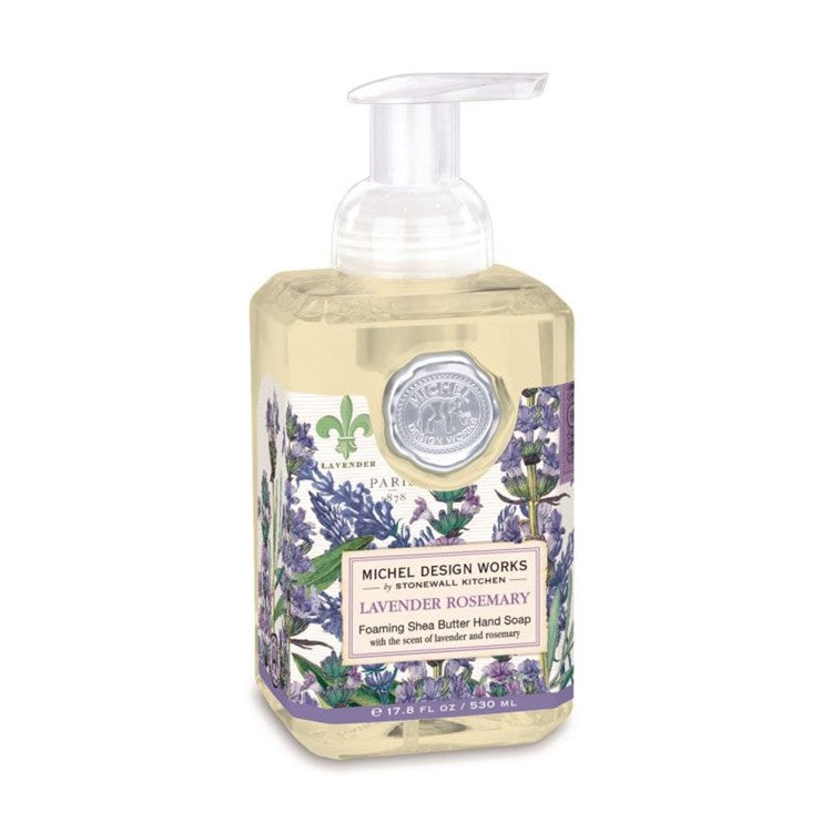 Foaming hand soap bottle with lavender and rosemary design on a white background. Available at Be Charmed