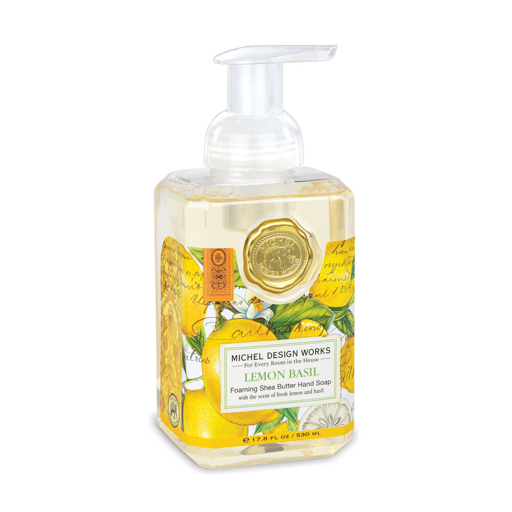 Foaming hand soap bottle with lemon design on a white background. Available at Be Charmed
