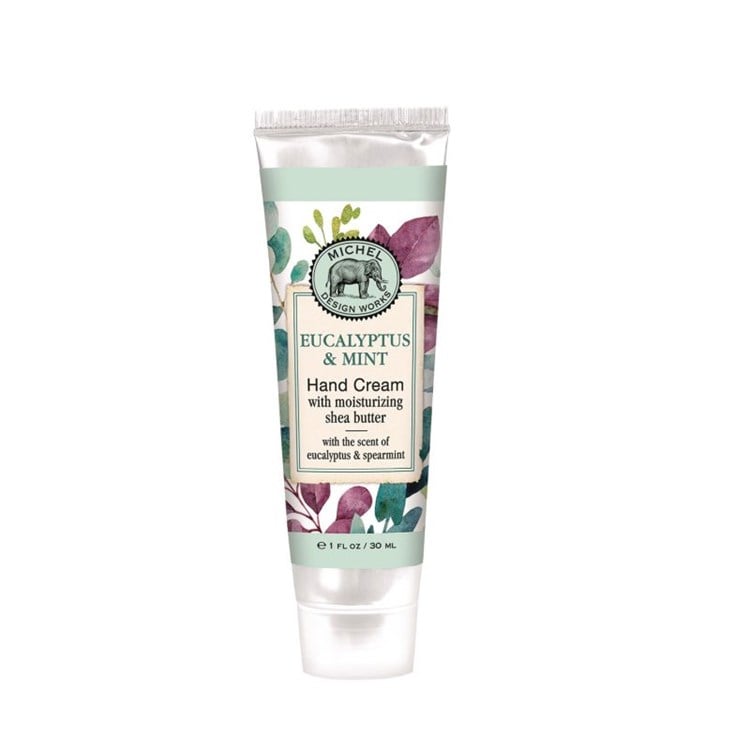 Hand cream tube with eucalyptus and mint scent on a white background. Available at Be Charmed