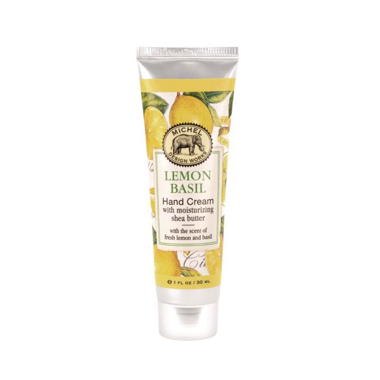 Tube of Lemon Basil hand cream with a white background. Available at Be Charmed