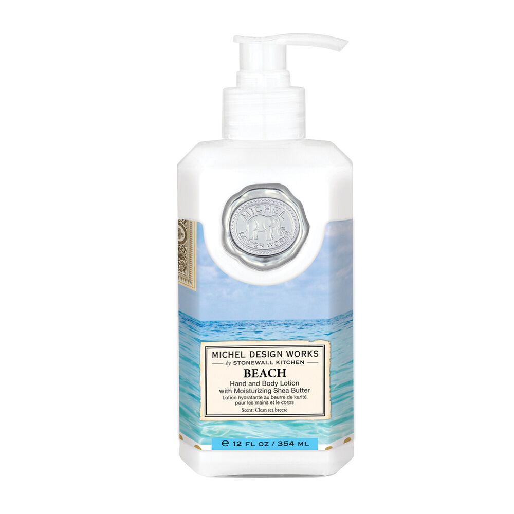 Lotion bottle with beach design on a white background. Available at Be Charmed