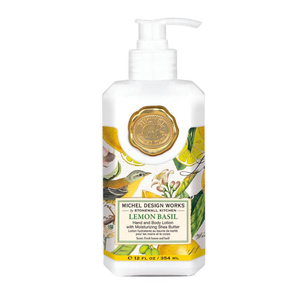 Lotion bottle with lemon basil design on a white background. Available at Be Charmed