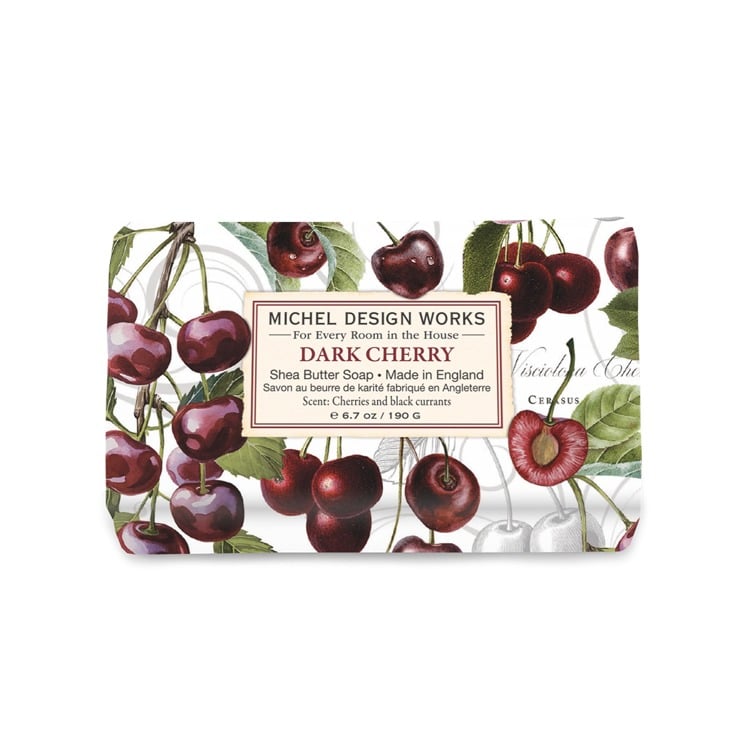 Dark Cherry soap bar with cherry design and Michel Design Works branding on a white background. Available at Be Charmed