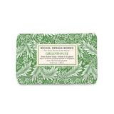 Green floral soap bar with 'Michel Design Works' label on a white background. Available at Be Charmed
