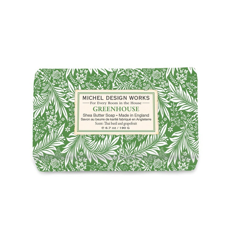 Green floral soap bar with 'Michel Design Works' label on a white background. Available at Be Charmed