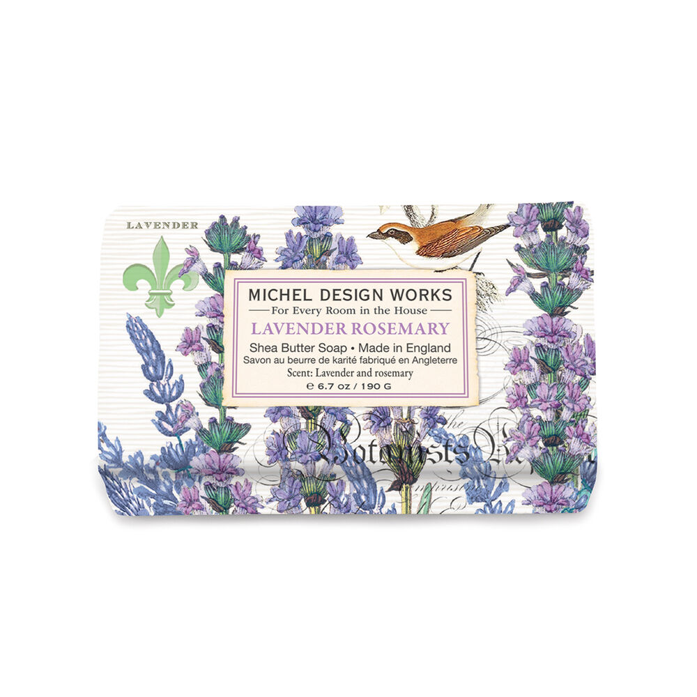 Michel Design Works lavender rosemary soap bar with floral design on packaging. Available at Be Charmed