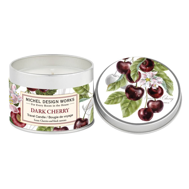 Michel Design Works Dark Cherry candle in a tin with cherry design on lid. Available at Be Charmed