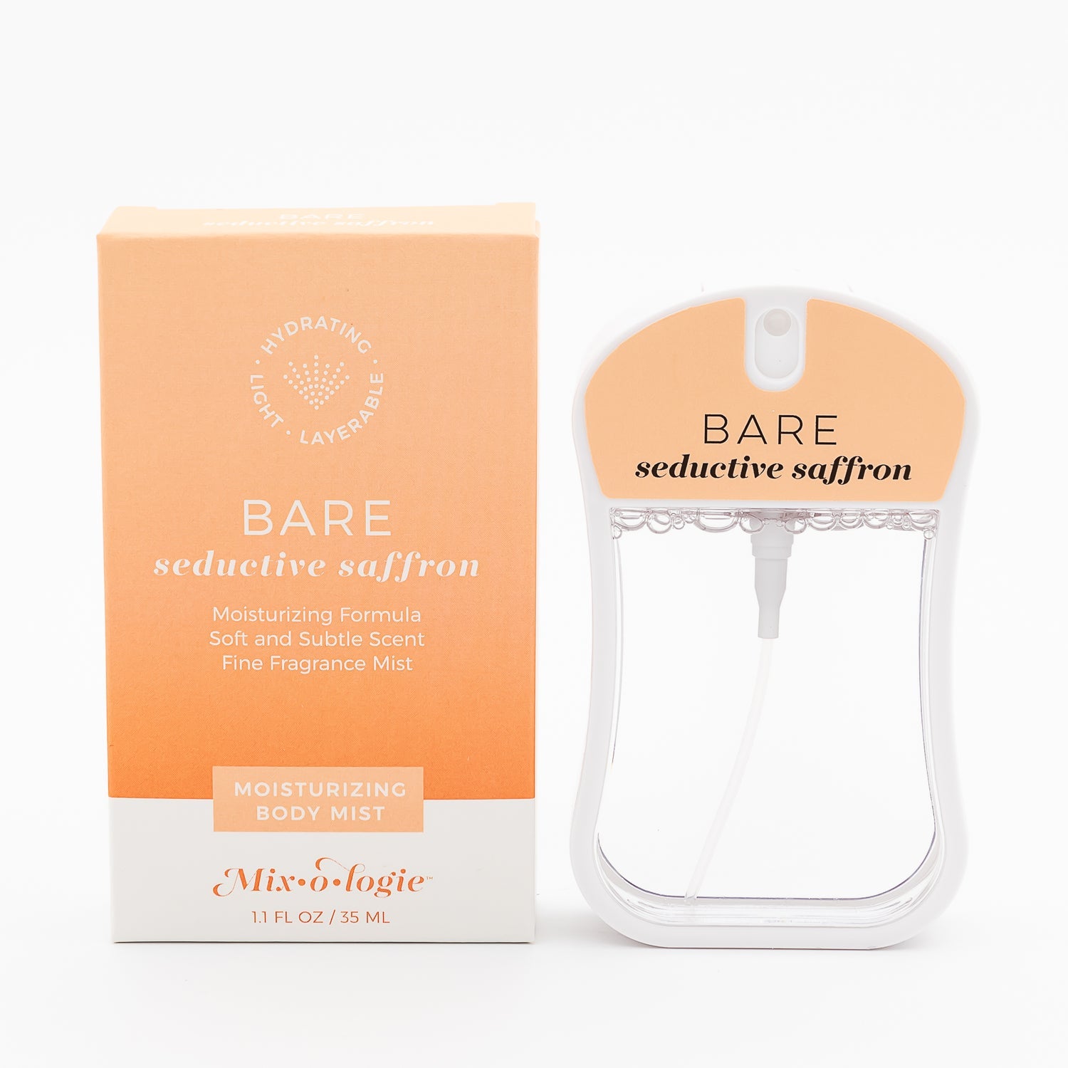 Bare Seductive Saffron body mist and packaging on a white background. Available at Be Charmed