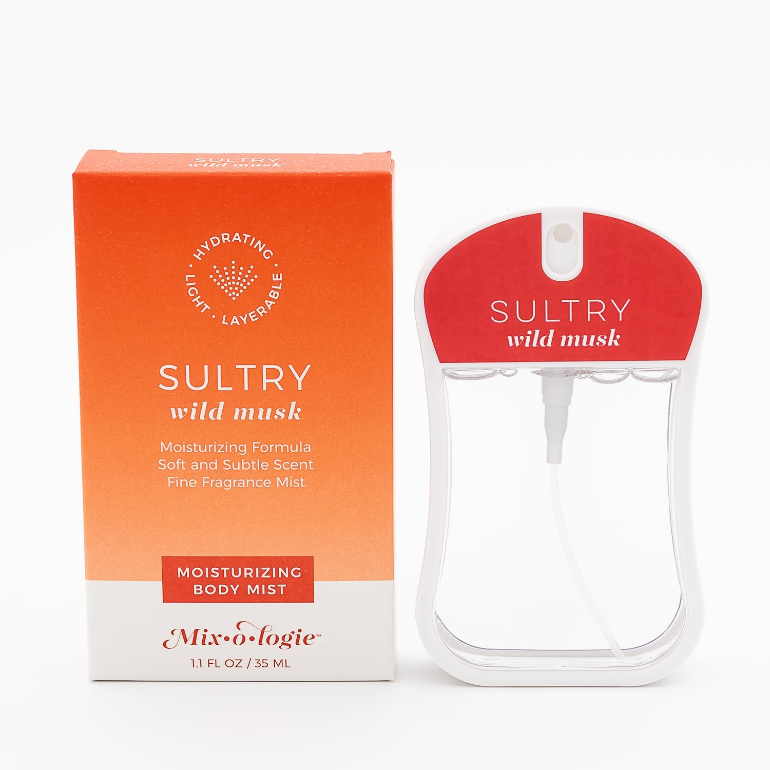 Sultry (Wild Musk) body mist with packaging on a white background. Available at Be Charmed