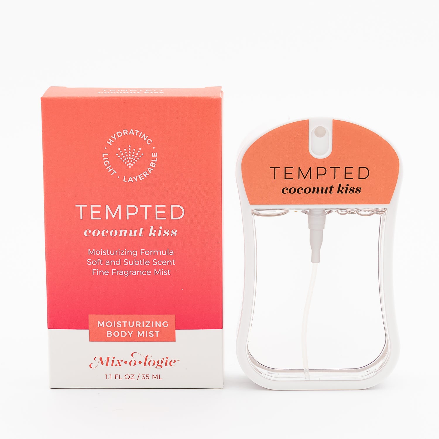 Tempted (Coconut Kiss) body mist with packaging on a white background. Available at Be Charmed