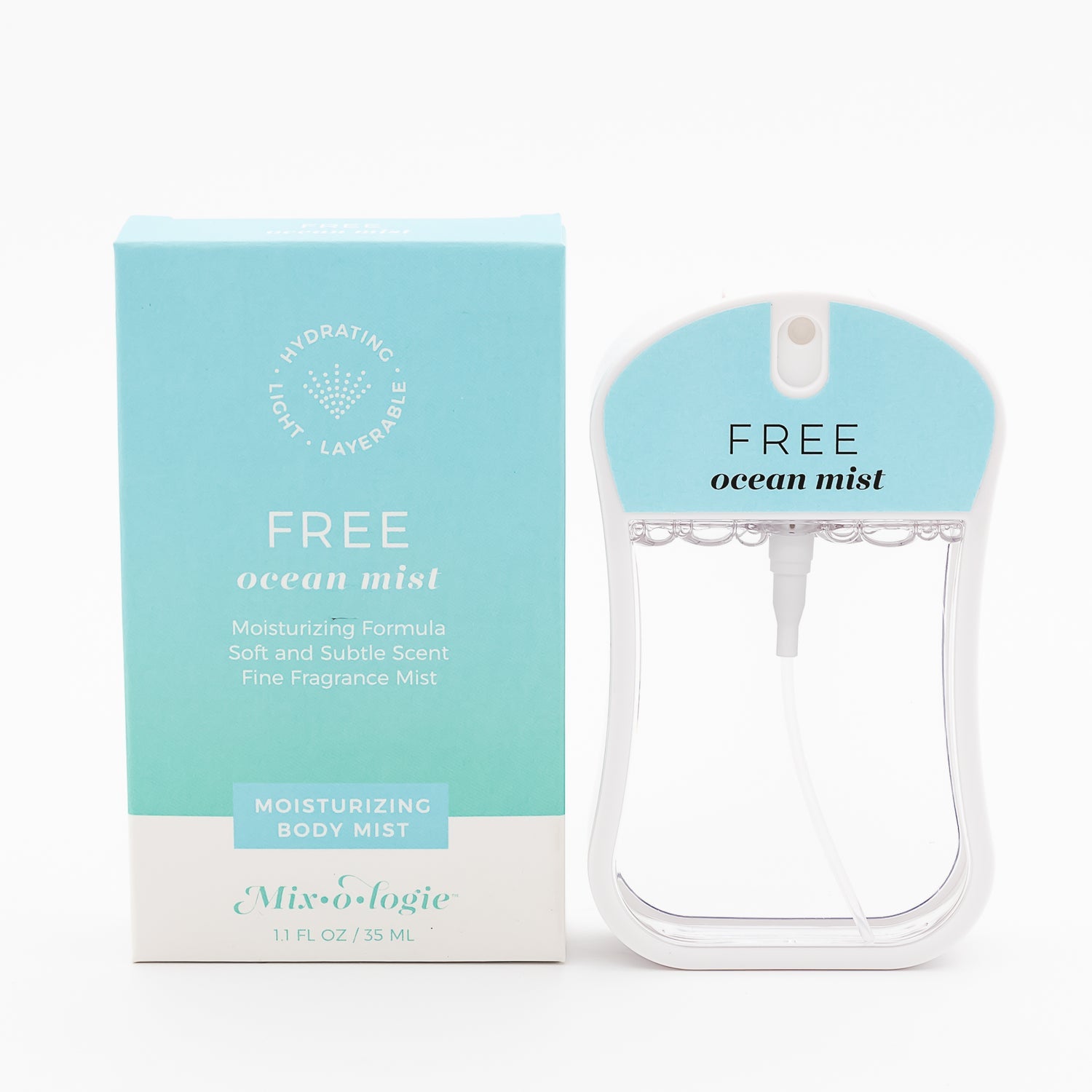 Moisturizing body mist with packaging labeled 'Free Ocean Mist' on a white background. Available at Be Charmed