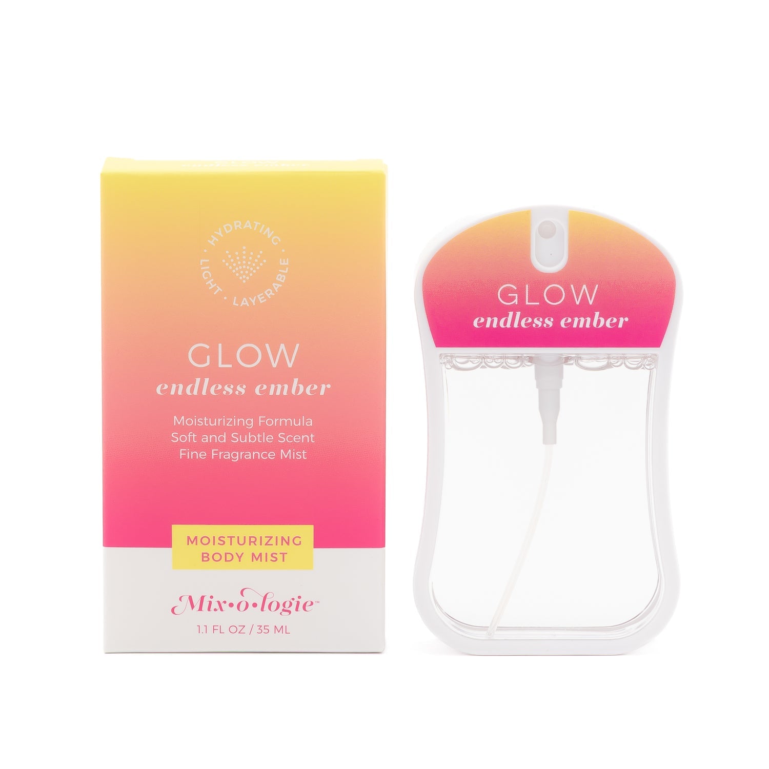 Moisturizing body mist with packaging labeled 'Glow endless ember' on a white background. Available at Be Charmed