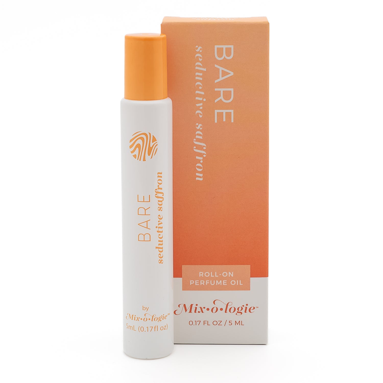 Bare (Seductive Saffron) Roll-on perfume oil with packaging on a white background. Available at Be Charmed