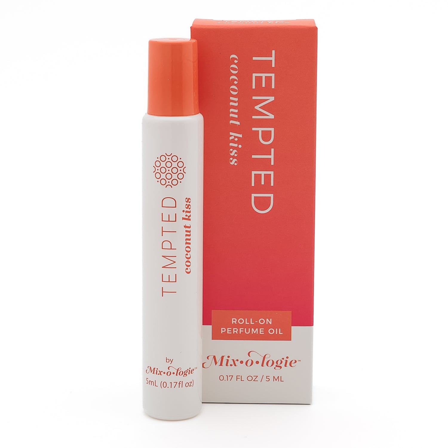Tempted Coconut Kiss roll-on perfume oil with packaging on a white background. Available at Be Charmed