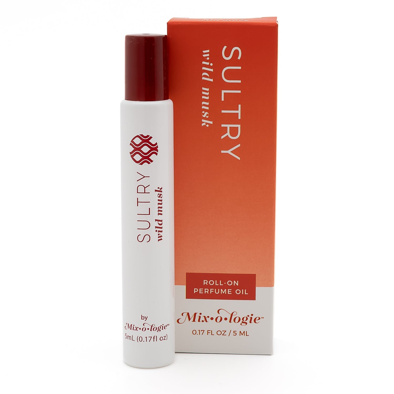 Sultry Wild Musk roll-on perfume oil with packaging on a white background. Available at Be Charmed