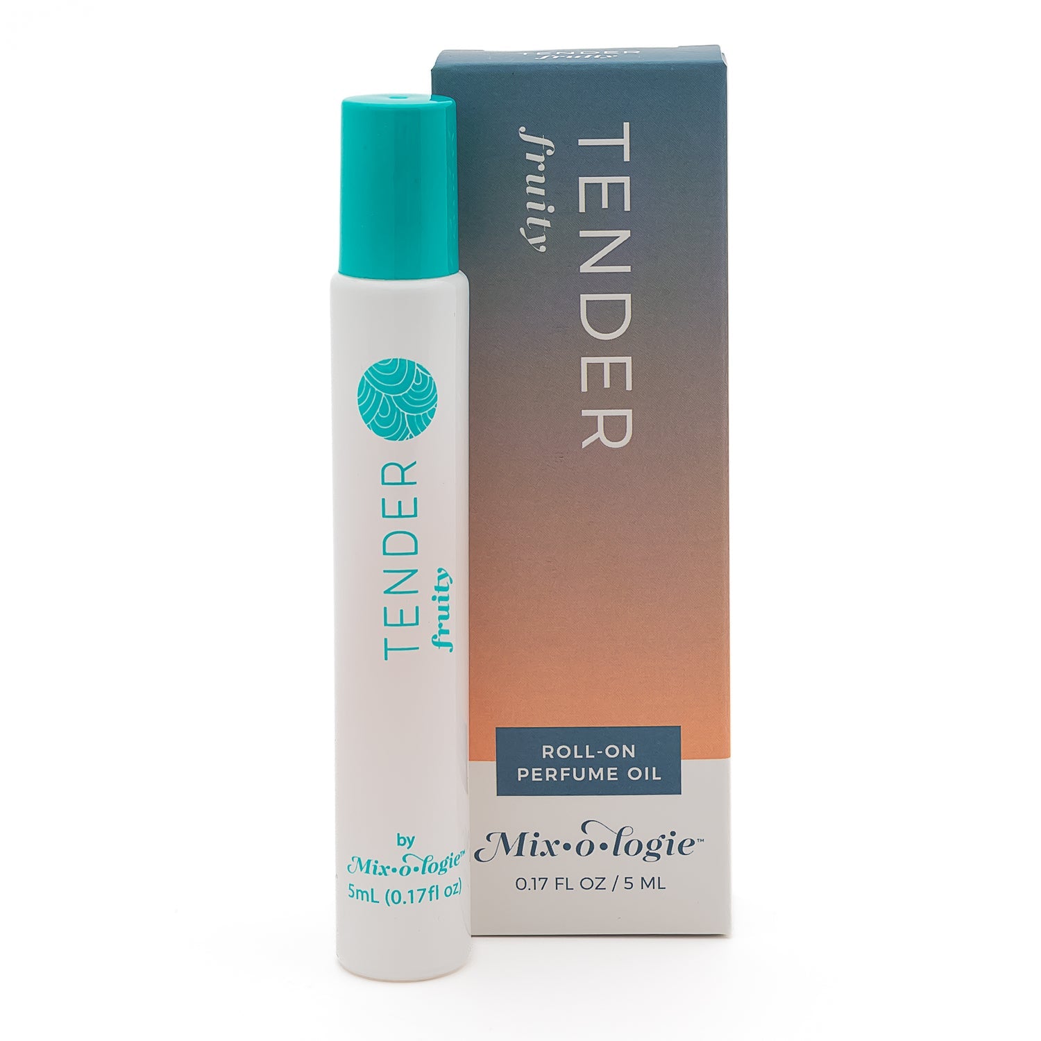 Tender Fruity roll-on perfume oil with packaging on a white background. Available at Be Charmed
