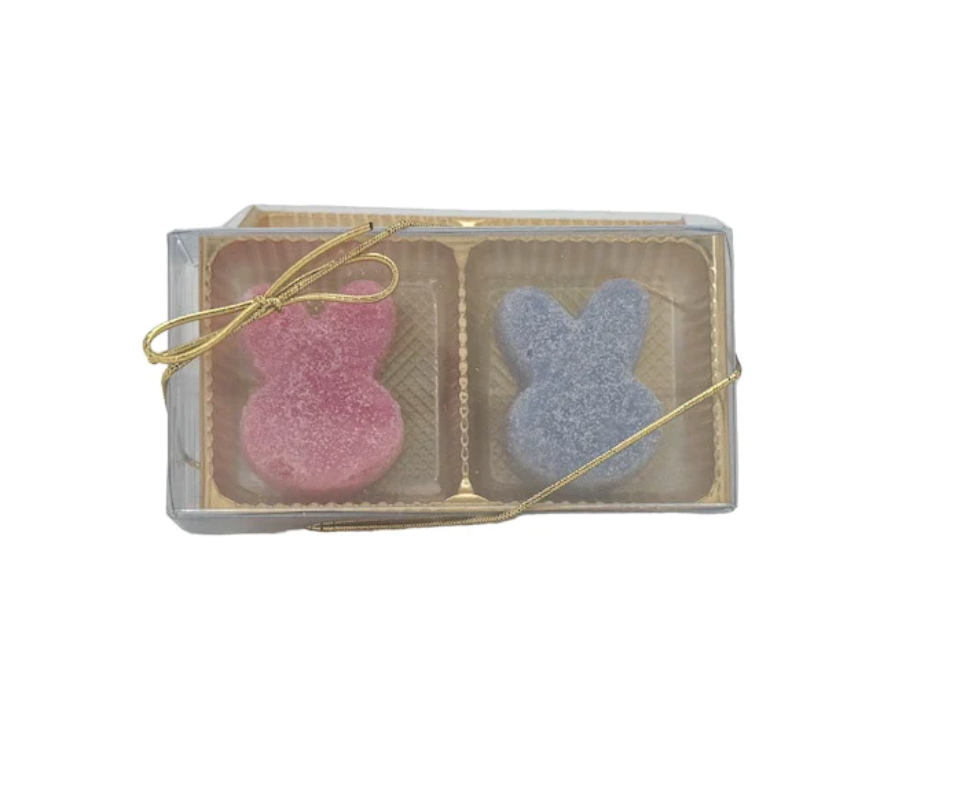 A pack of two bunny-shaped gumdrop Soap in a transparent container with a gold-colored lid. One gumdrop is pink and the other is blue. Available at Be Charmed