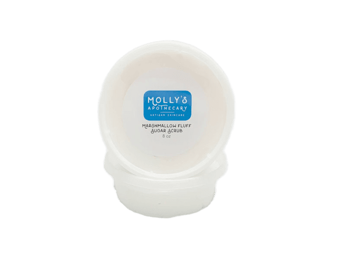 A white plastic container with a blue label displaying 'Molly's Apothecary Marshmallow Fluff' along with the scent marked as 'Golden'. The container appears to be sealed and is presented against a plain background. Available at Be Charmed