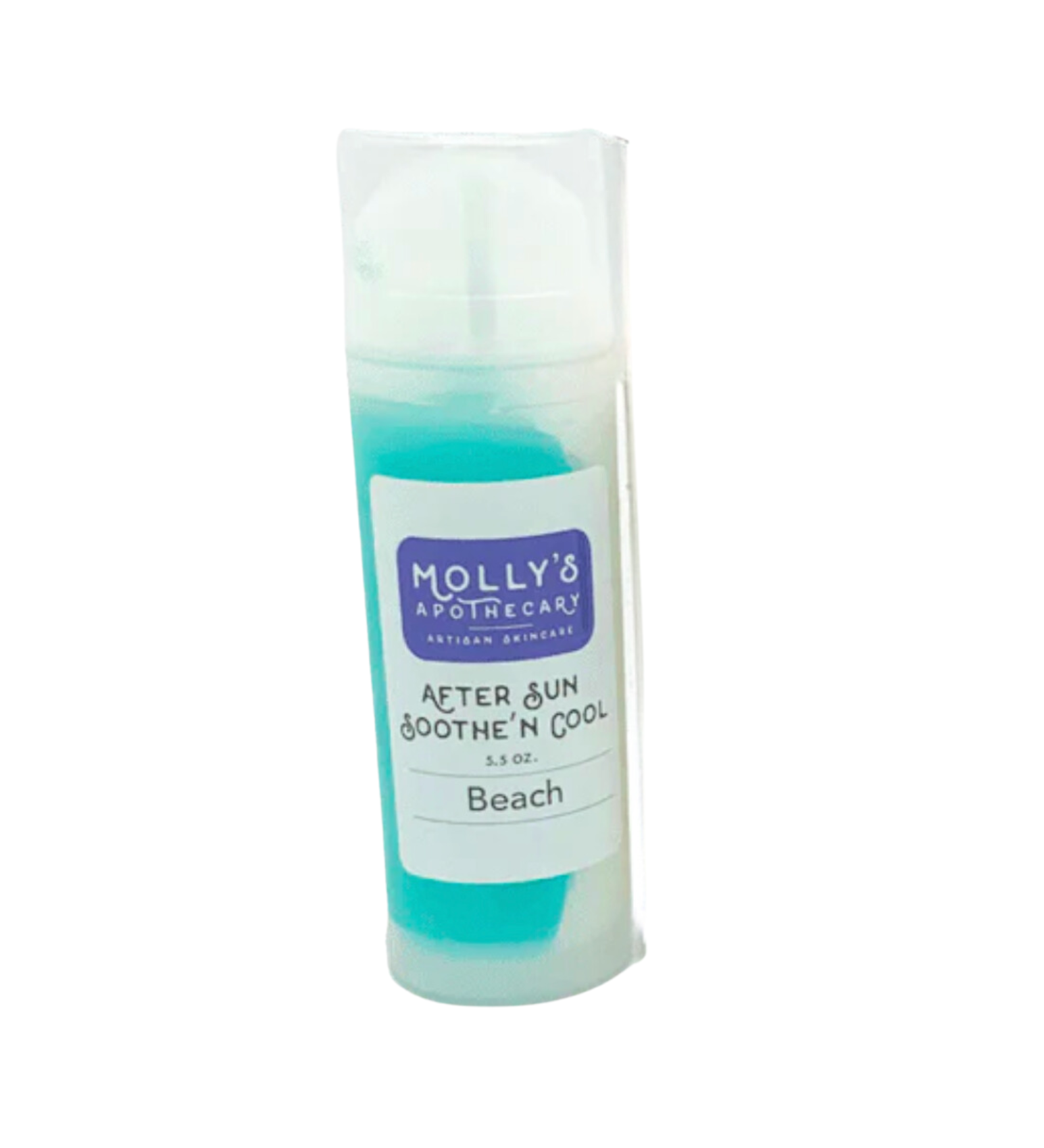 A bottle of Molly's Apothecary After Sun Sooth and Cool Beach, which appears to be a gel product with a blue tinted container and a white cap. Available at Be Charmed