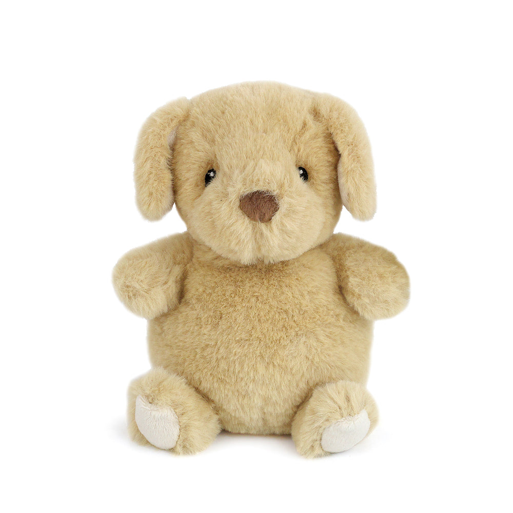 Light brown plush toy dog on a white background. Available at Be Charmed