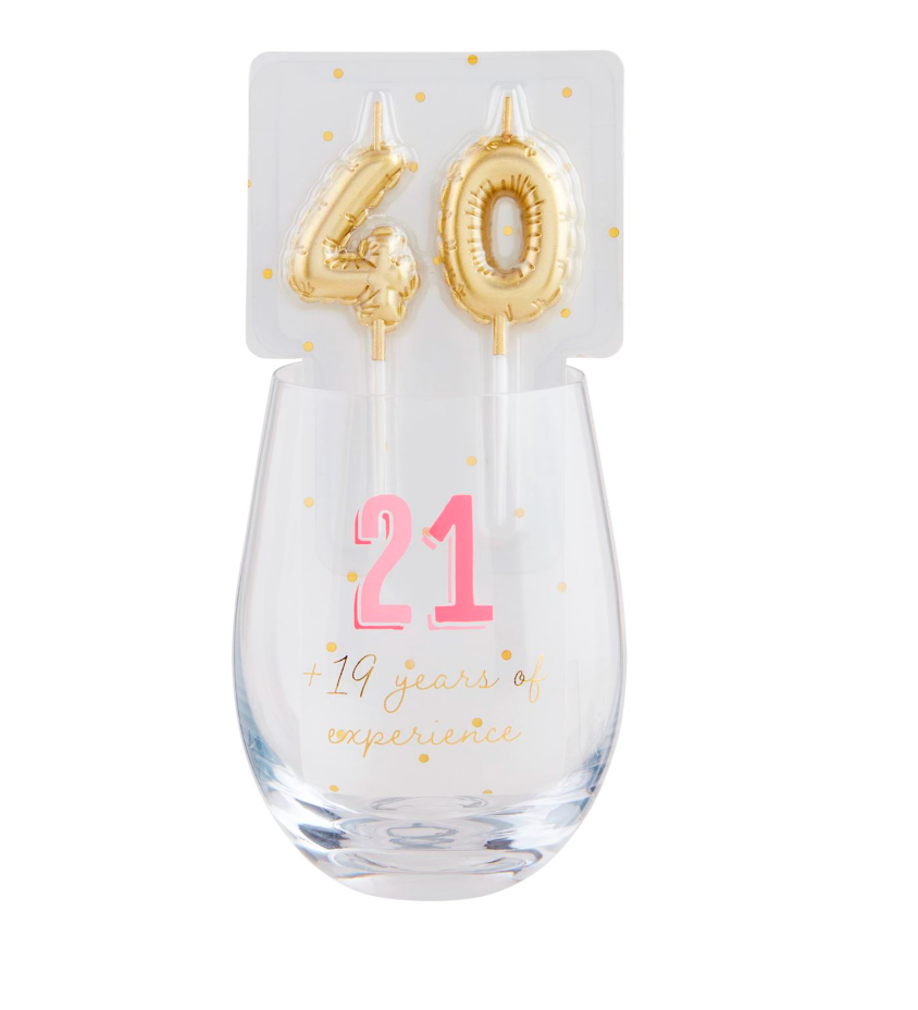 Mud Pie 40 Birthday Wine Glass & Candle Set