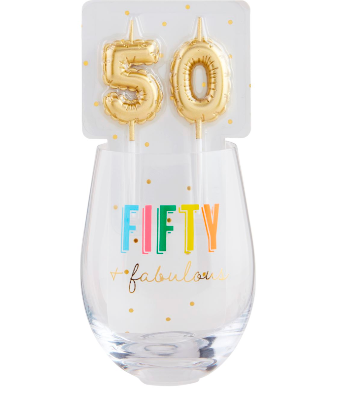 Mud Pie 50 Birthday Wine Glass & Candle Set
