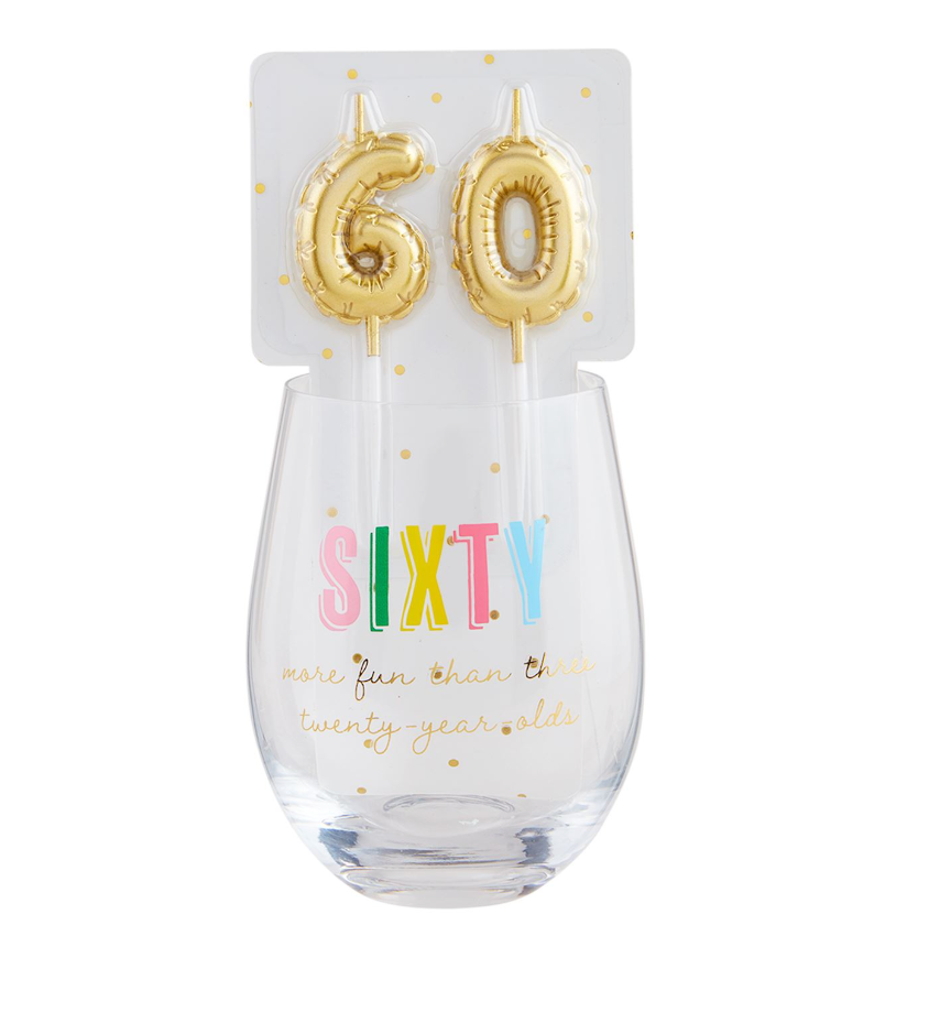 Mud Pie 60 Birthday Wine Glass & Candle Set