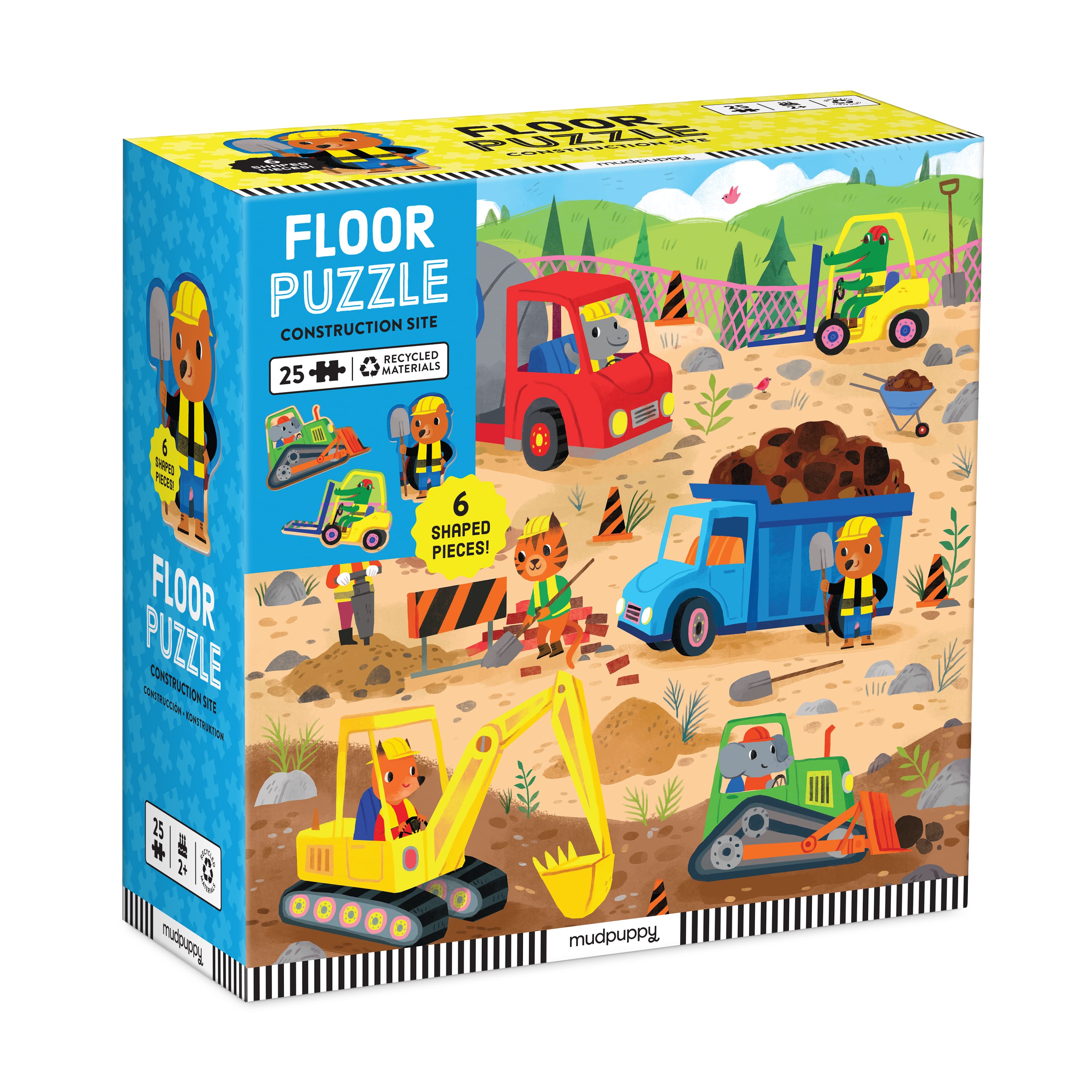 Box of a construction-themed floor puzzle for children, featuring colorful illustrations of vehicles and workers. Available at Be Charmed