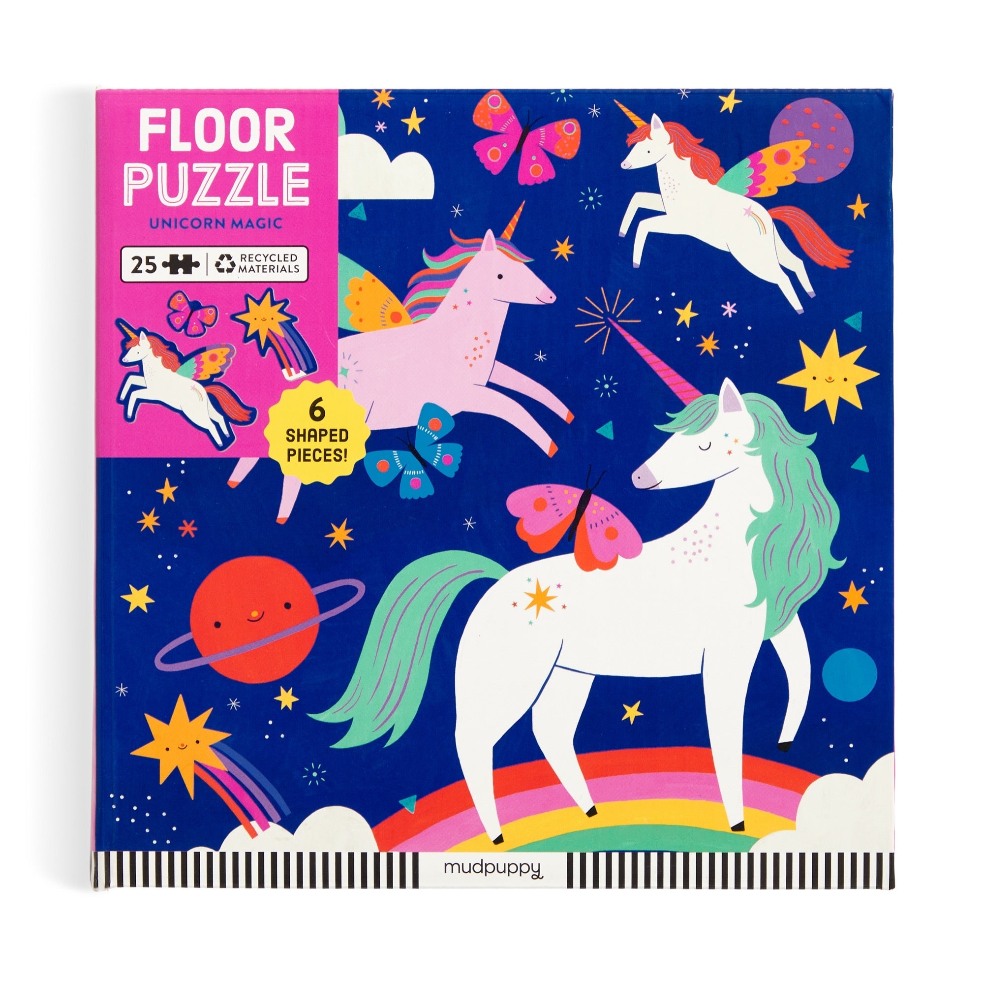 Floor puzzle packaging with unicorns and space theme on a blue background. Available at Be Charmed