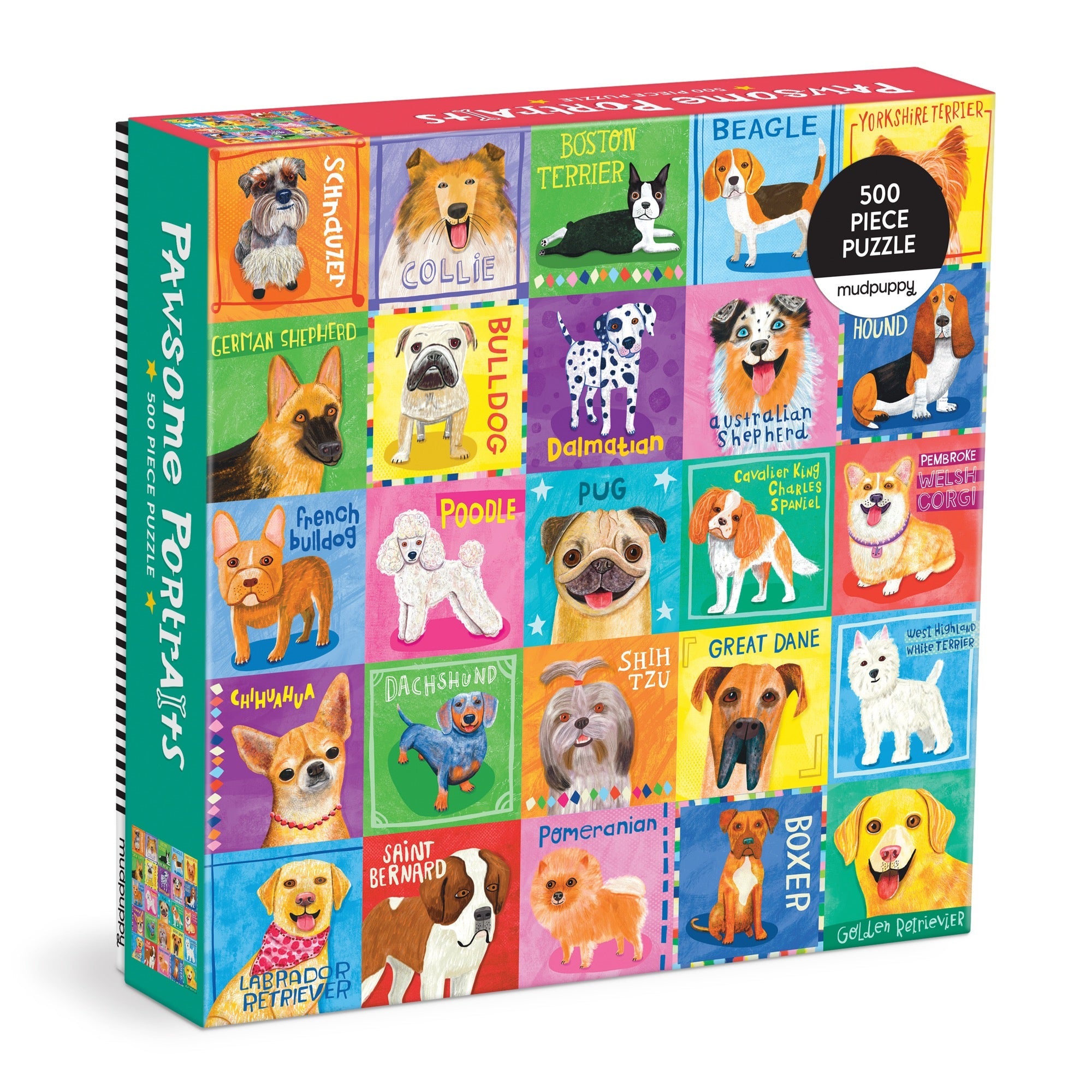 Pawsome Portraits dog puzzle box with images of various dog breeds on a white background. Available at Be Charmed