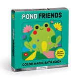 Color magic bath book titled 'Pond Friends' with a frog illustration on a teal background. Available at Be Charmed
