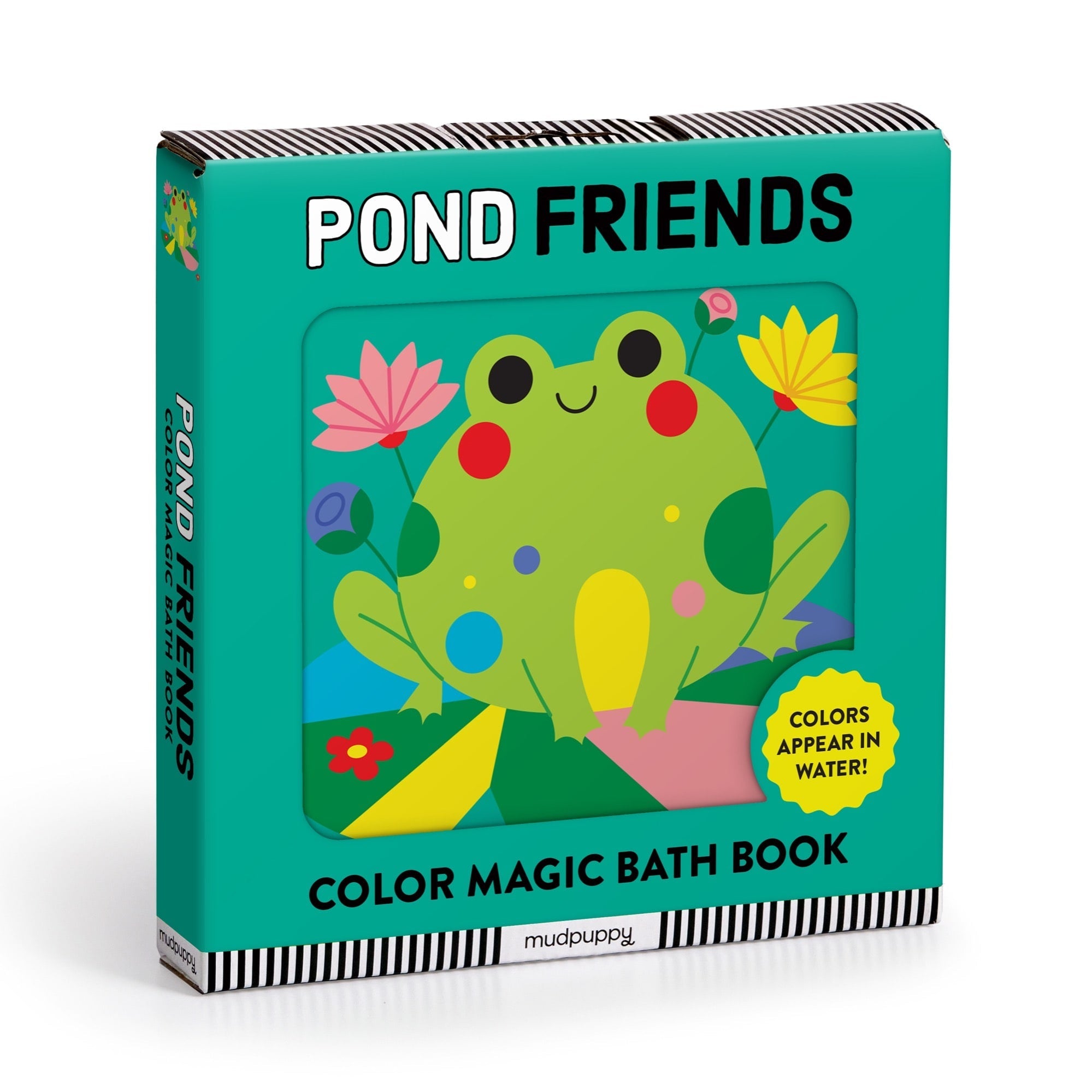 Color magic bath book titled 'Pond Friends' with a frog illustration on a teal background. Available at Be Charmed