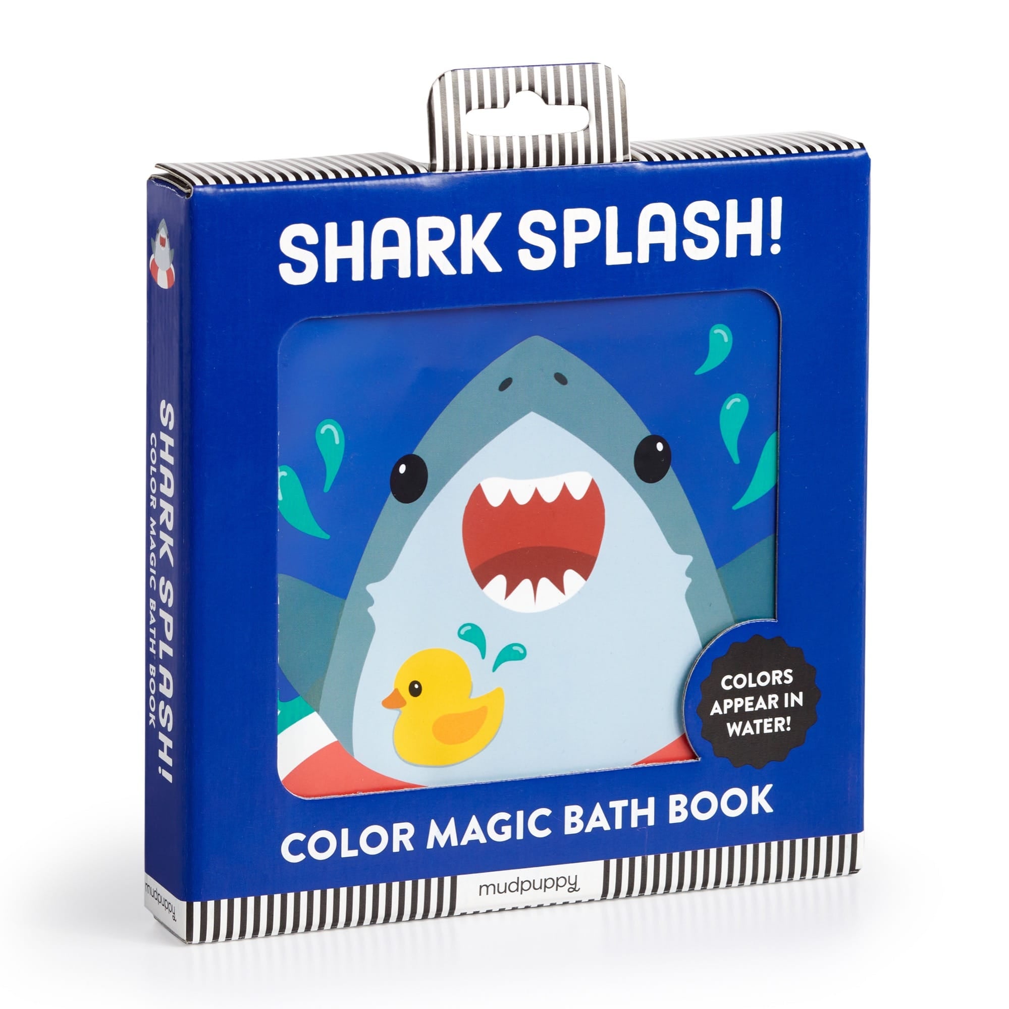 Box of 'Shark Splash!' color magic bath book with shark and duck illustration. Available at Be Charmed