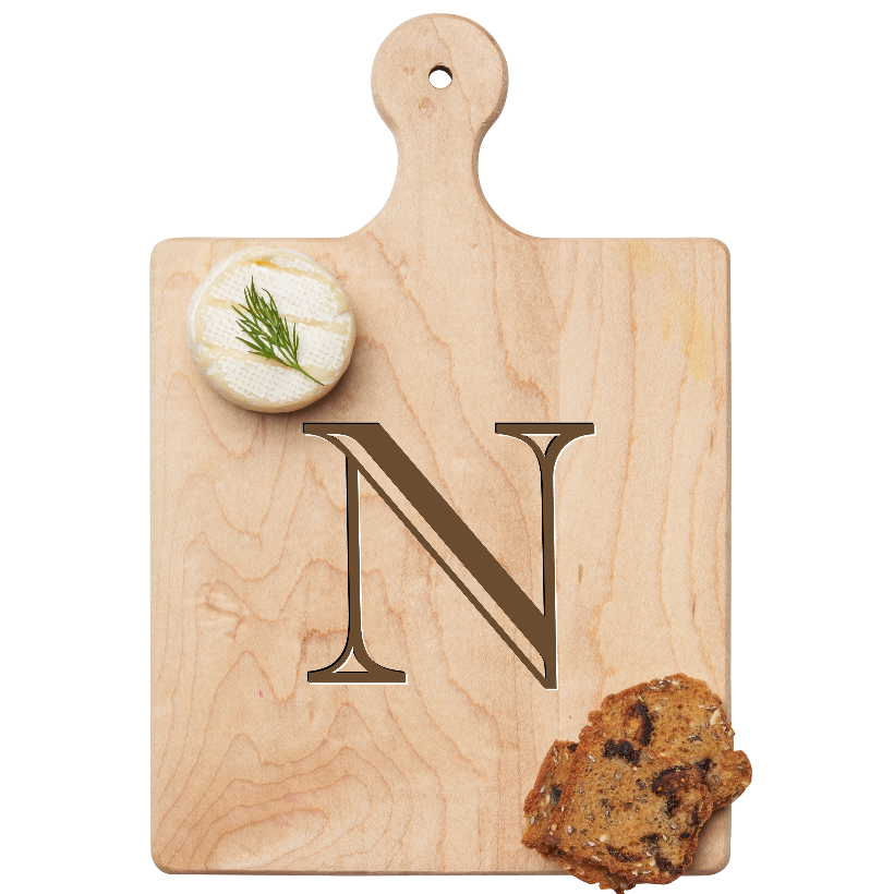 Maple Leaf 9x6 Initial Board N with Spreader. Personalized wooden serving board with monogram design. Perfect gift. Available at Be Charmed.