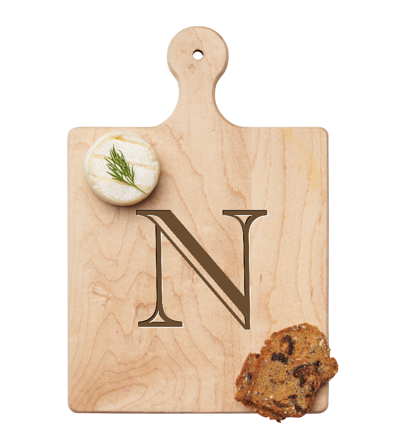 Maple Leaf 9x6 Initial Board N with Spreader. Personalized wooden serving board with monogram design. Perfect gift. Available at Be Charmed.