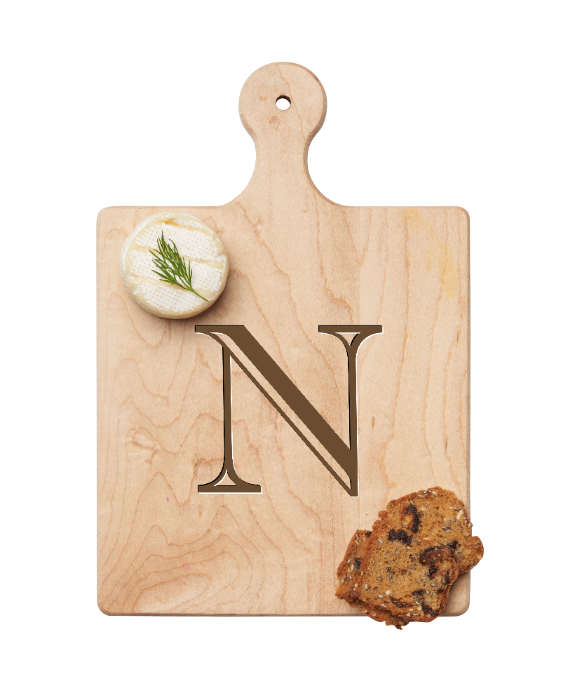 Maple Leaf 9x6 Initial Board N with Spreader. Personalized wooden serving board with monogram design. Perfect gift. Available at Be Charmed.